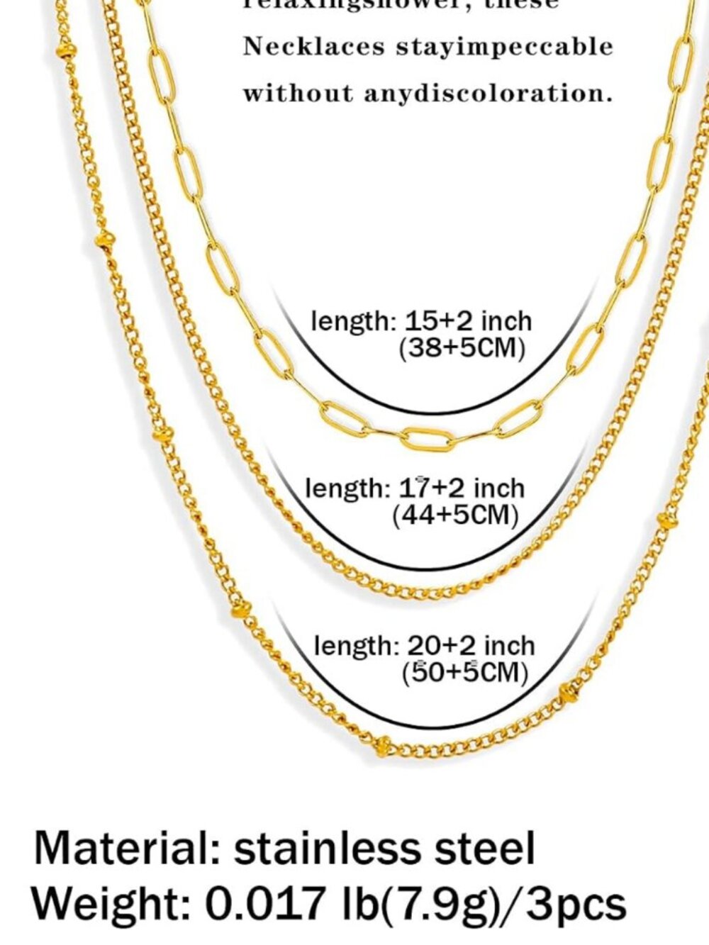 14k Gold / 304 No Tarnish 3 chain layered adjustable set - Picture 6 of 8